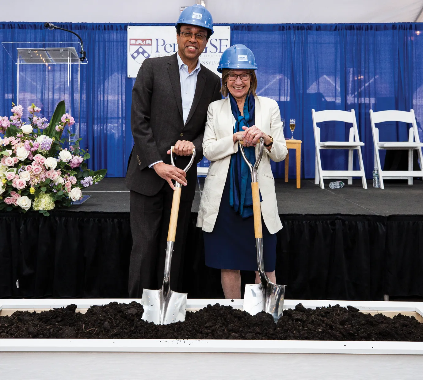 Former Provost Wendell Pritchett and Dean Pam Grossman at the groundbreaking.