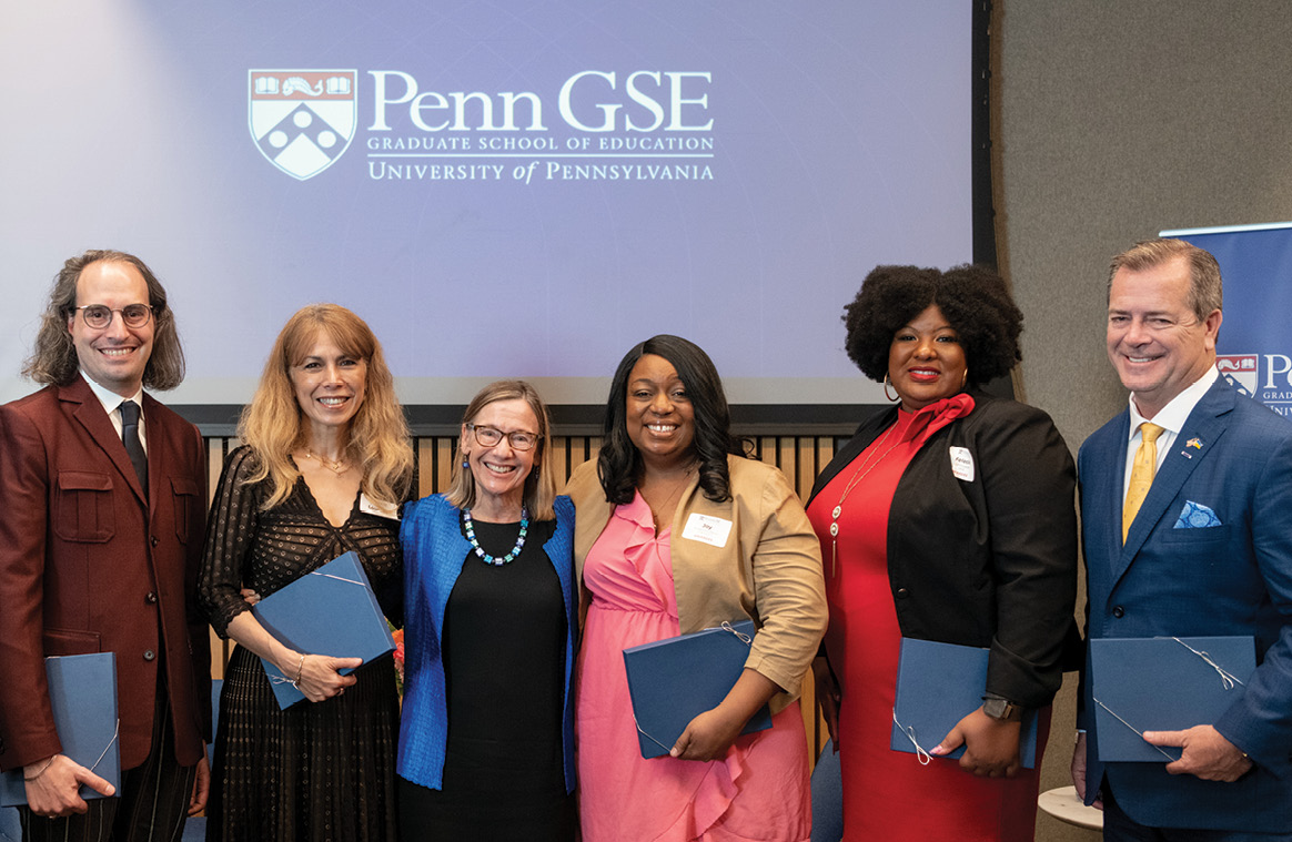 Dean Grossman (center) presented Education Alumni Awards to (from left): Qian (Sylvia) He, GED’20; Noah D. Drezner, GED’04, GR’08; Lourdes M. DelRosso, GED’16; Joy Anderson Davis, C’96, GRD’17; Felecia E. Commodore, GR’15; Daniel Rice, GED’20