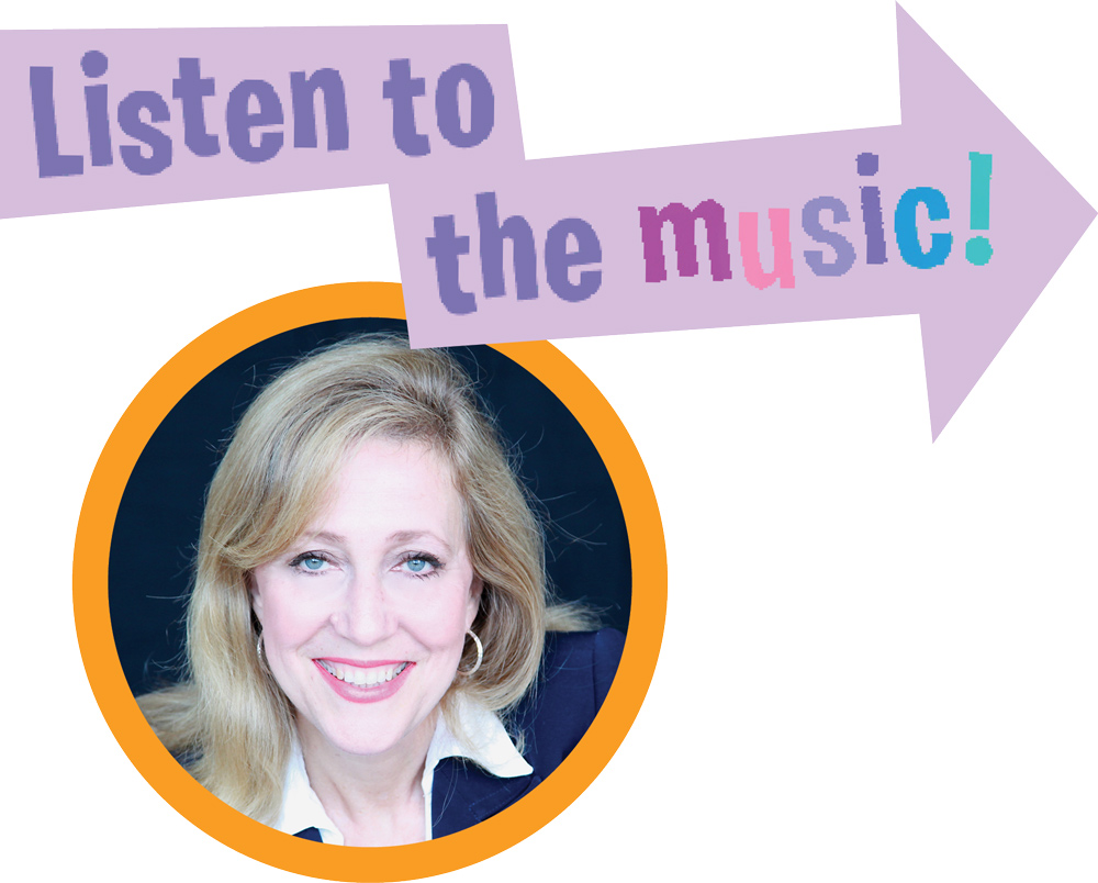 Carolyn Sloan headshot; Listen to the music! typographic icon
