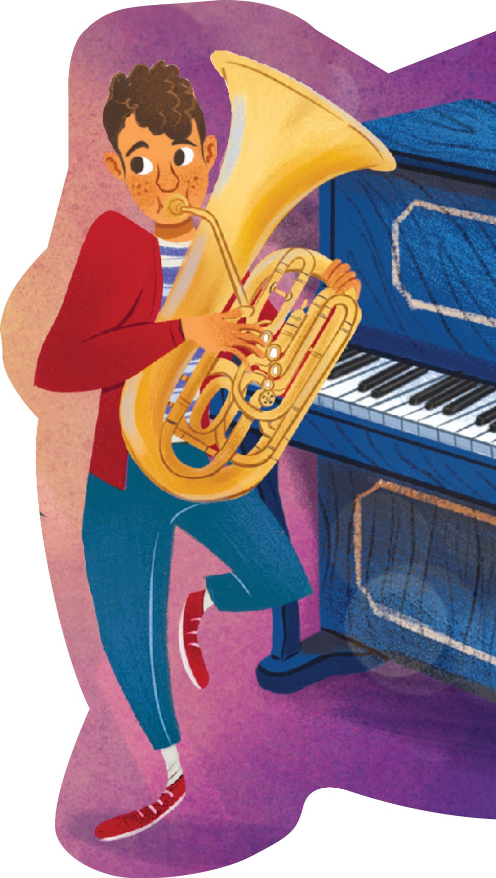 digital illustration of a person playing a tuba next to a piano