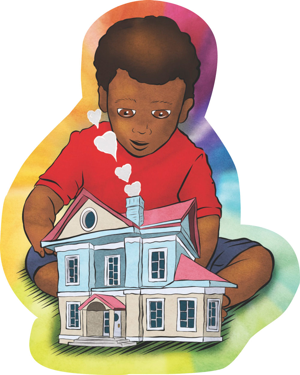 digital illustration of a little boy with a toy house