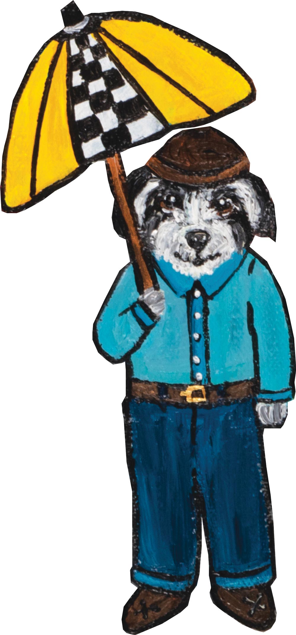 illustration of a dog wearing a shirt and pants and holding an umbrella