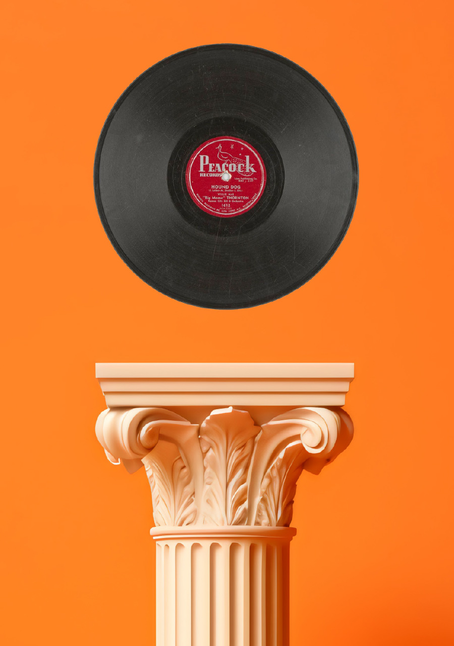"Night Mare" / "Hound Dog" vinyl floating above column