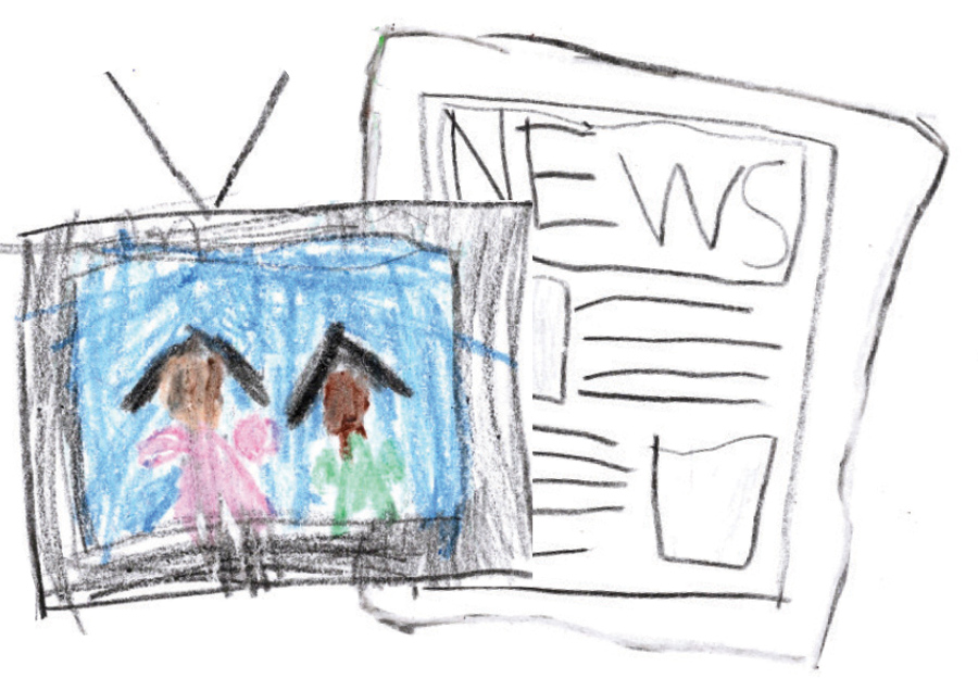 drawing by Ari age 6 of two girls on a television with a newspaper in the background 