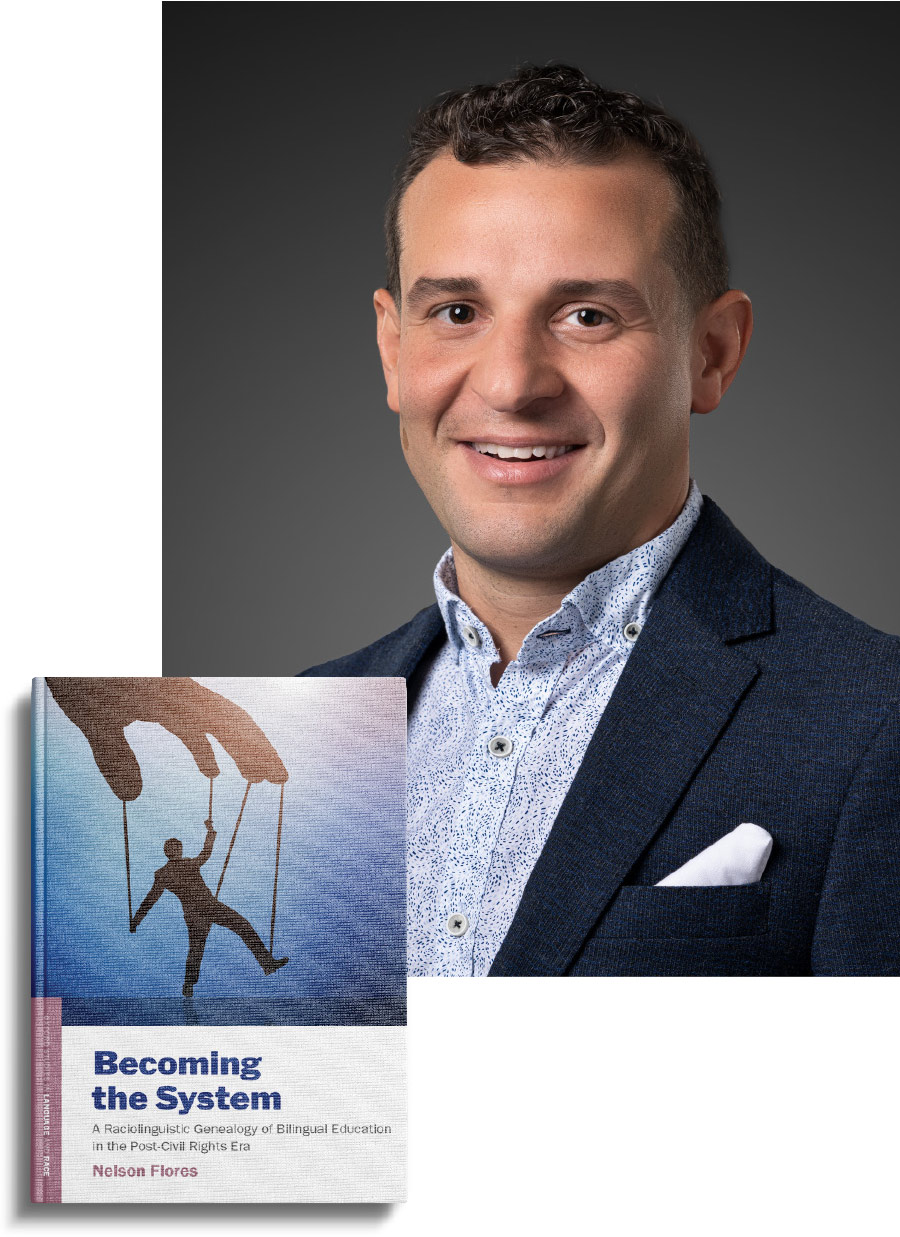 Nelson Flores headshot; Becoming the System book cover