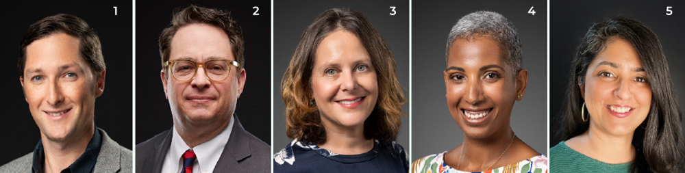 Ross Aikins, Peter Eckel, Sigal Ben-Porath, María Cioè-Peña, and Ameena Ghaffar-Kucher headshots