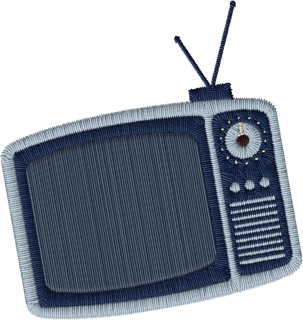 Embroidered retro-style television with blue tones and vertical stripes.