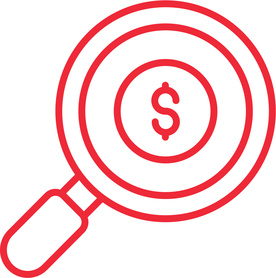red outline of a magnifying glass with a dollar sign in the middle