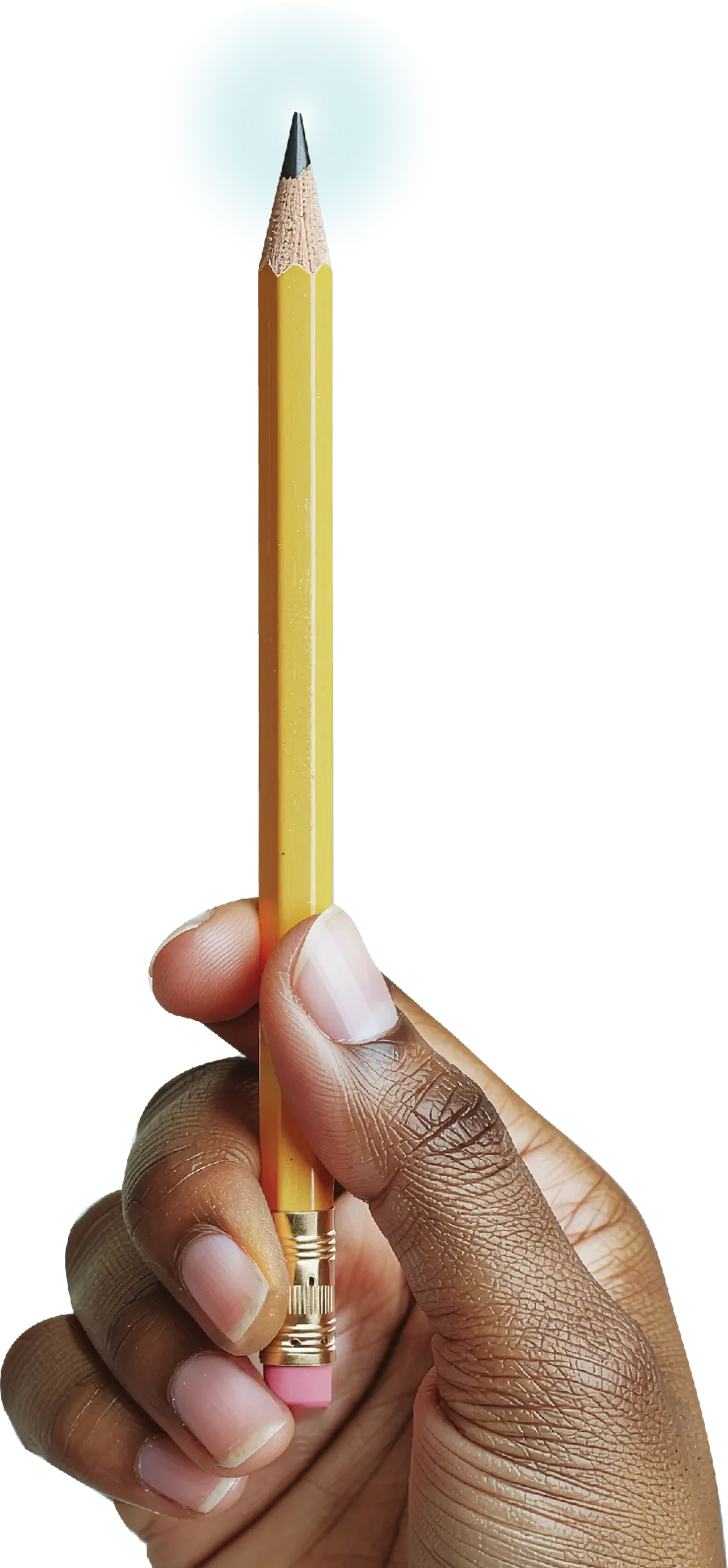 A hand with a dark skin tone firmly grips a sharp, yellow pencil with a pink eraser, held vertically, against a blurred background of white, yellow, and blue.